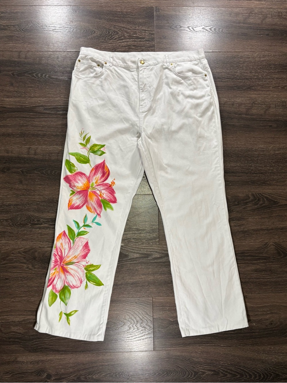 Lauren Jeans Co. Ralph Lauren White Jeans with Pink Floral Design Size 18W
